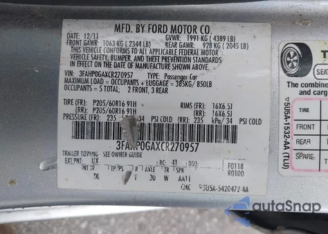 2012 Ford Fusion S z USA, uszkodzony, nr VIN 3FAHP0GAXCR270957